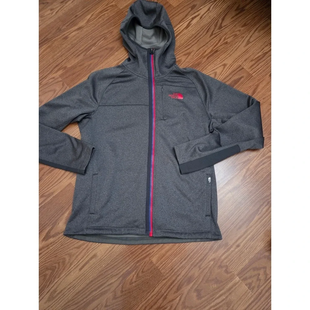 The North Face Mens Full Zip Fleece‎ Hoodie Gray Heather Jacket Red Blue Trim L